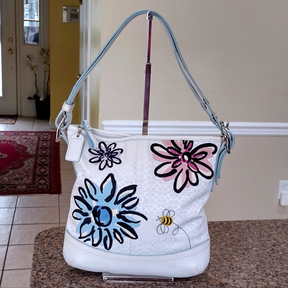 Coach Canvas And Leather Shoulder/ Crossbody Bag Embroidered Floral White